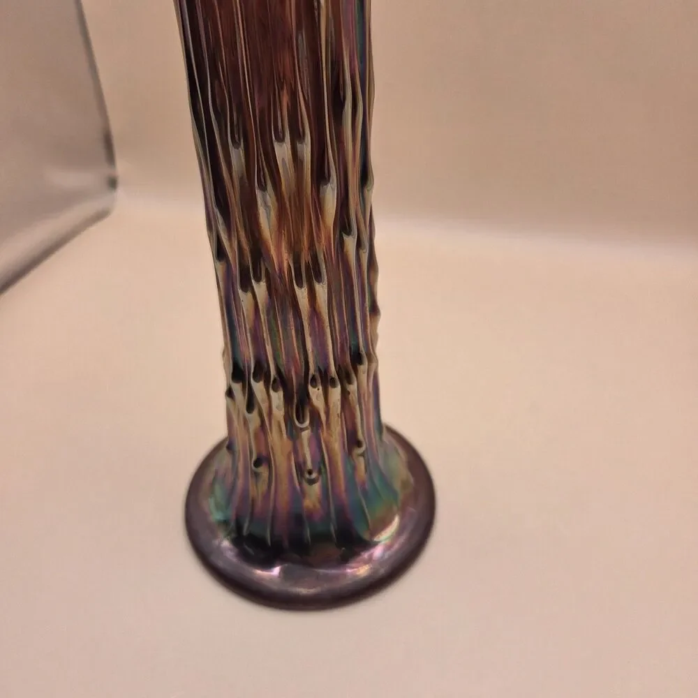Iridescent Art Glass Ruffled Trumpet Vase Glossy Purple Multicolor 11